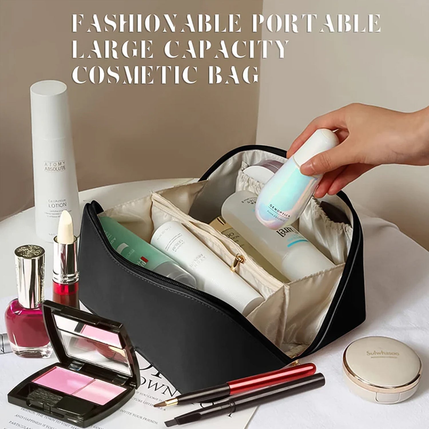 Premium Black Travel Makeup  Toiletry Organizer Pouch With Zipper  Handle (1 Pc)